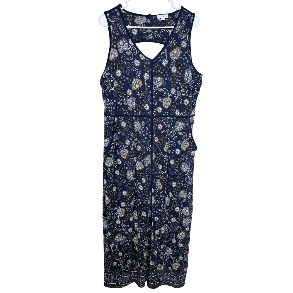 J.Jill Women Floral Knit Jumpsuit Large Petite Navy Blue Botanical Romantic L P